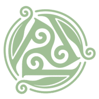 a swirling, celtic style logo in light sage green